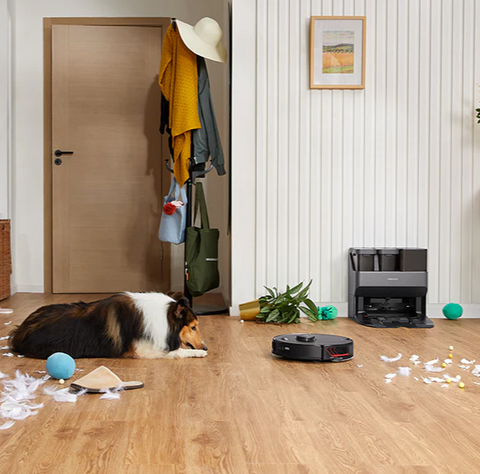 Roborock's S7 MaxV Ultra is automatically cleaning feathers from puppy messes on wooden floors